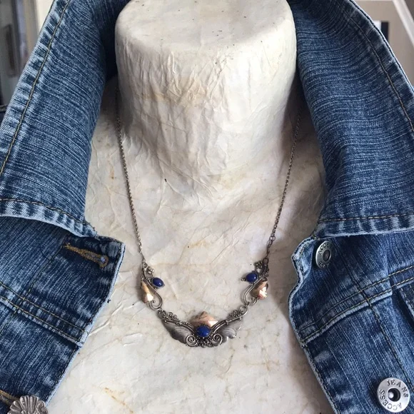 Antique Art Nouveau Sterling Silver and Gold-tone Lapis Necklace - Picture 10 of 10